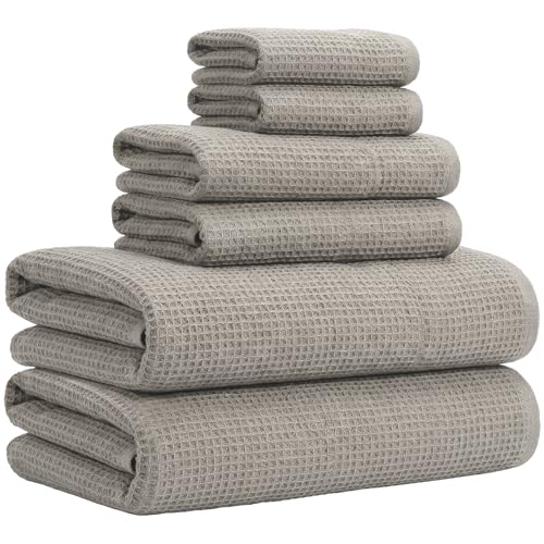 6 Pcs 100% Linen Towel Set 2 Waffle Bath Towels 2 Gray Washcloths 2 Hand Towels Natural Fiber Waffle for Bathroom Thin Pre-Washed Lightweight Quick-Dry Absorbent