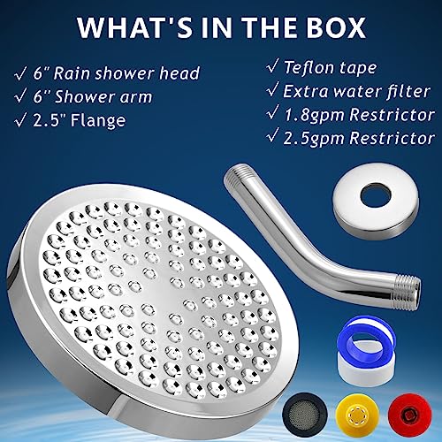 High Pressure Rain Shower Head with Arm - High Flow Rainfall Showerhead - Luxury Modern Look - Pressure Boosting (6" Shower Head with 6" Arm, Chrome) - color: Luxury Polished Chrome