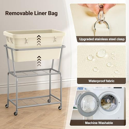 ELYKEN Rolling Laundry Hamper with Wheels, Removable Bag, Laundry Cart | 32-Gallon (122L), 2-Tier Clothes Basket with Shelf, Metal Frame, Ideal for Closet, Bedroom, Bathroom & Laundry Room, Cream - color: Cream, size: 27.4"L x 19.9"W x 30.9"H