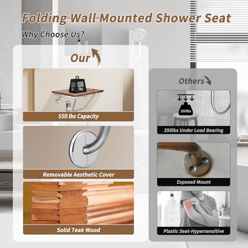 𝙐𝙥𝙜𝙧𝙖𝙙𝙚 20 Inch Folding Shower Seat Wall Mounted, Teak Wood Shower Seat with Stainless Steel Bracket & Finish Cap, 550lb Capacity, for Elderly, Disabled, Pregnant Women, Kids - size: 20 inches seat