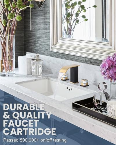 Waterfall Bathroom Faucet Black and Gold: ARCORA Bathroom Faucet 3 Hole, 8 Inch Widespread Bathroom Faucet with Pop Up Drain and Hose - color: Black and Gold