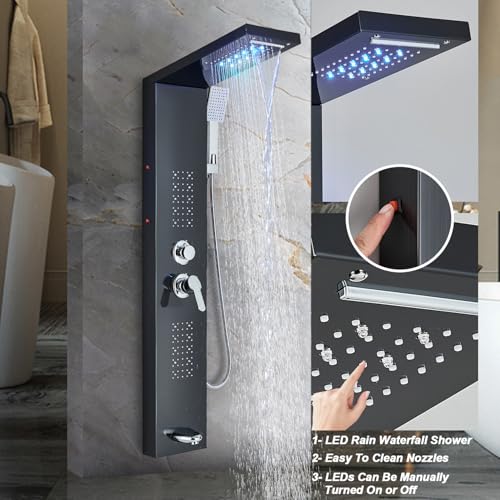Shower Panel Wall Mount Shower Tower with LED Shower Head System Full Body Shower Jets Contemporary Shower Panels Stainless Steel Shower Faucet Set Matte Black