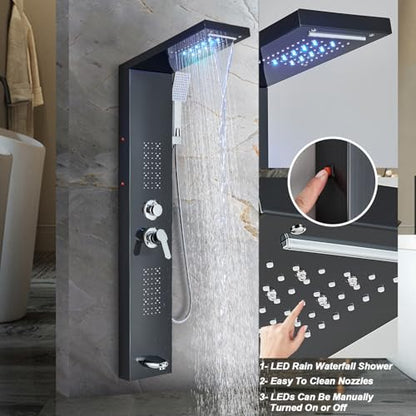 Shower Panel Wall Mount Shower Tower with LED Shower Head System Full Body Shower Jets Contemporary Shower Panels Stainless Steel Shower Faucet Set Matte Black
