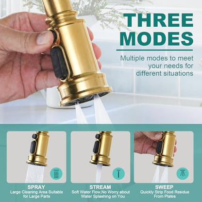Bridge Kitchen Faucet Brushed Gold: 3 Holes Brass Bridge Faucet with Pull Down Sprayer - Two Handles 8 Inch Centerset Kitchen Sink Faucet, 360° Swivel Spout - color: Brushed Gold