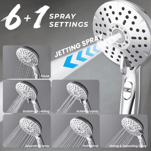 Dual Shower Head Combo, 8'' High Pressure Rain Shower Head with Handheld Spray, 6+1 Spray Settings Handheld Showerhead, Height Adjustable, One-touch Pause Button, Chrome Polished - color: Bright Silver