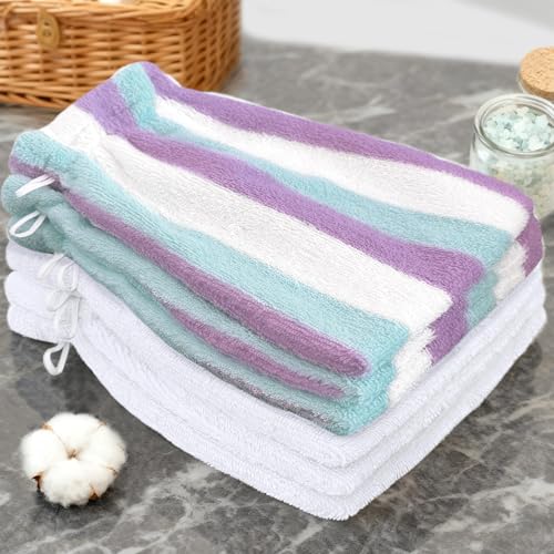 VOOVA & MOVAS Shower Gloves,Purple Aqua 6.3x8.3 in,European Style with Loop | 100% Cotton, 6 Pack, Purple & Aqua Stripe, Soft & Absorbent, No Fade, Ice Pack Pocket, Quick Dry, for Shower & Gym - color: Purple Aqua Stripe&white, size: 6PC Bath Mitts