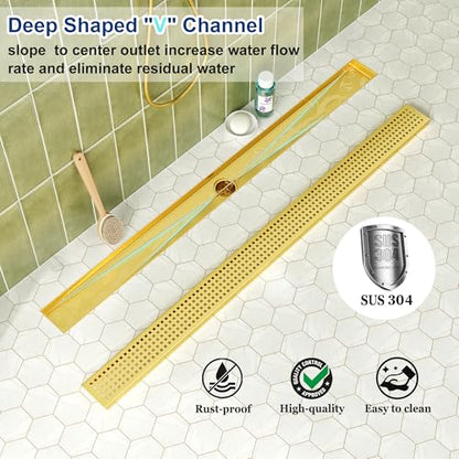 Neodrain 36" Linear Shower Drain, Gold 304 SS Bathroom Linear Drain,cUPC | Gold Shower Drain with Quadrato Grate& Adjustable Feet, Long Rectangle Shower Floor Drain in Bathroom, Balcony etc - color: Golden, size: 36 In