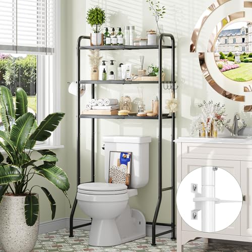Simple Trending Expandable Over The Toilet Storage Rack, Metal 3 Tier Bathroom Organizer Shelf with Paper Holder and 3 Hooks, Black - color: Black