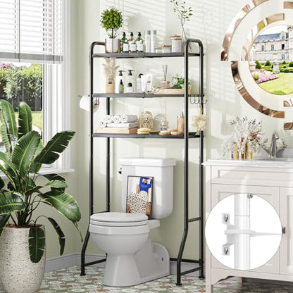 Simple Trending Expandable Over The Toilet Storage Rack, Metal 3 Tier Bathroom Organizer Shelf with Paper Holder and 3 Hooks, Black - color: Black