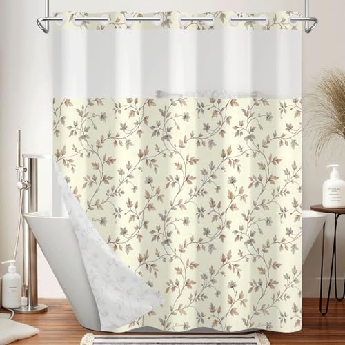 Beige Botanical Shower Curtain with Snap in Liner, 71x74 Inch | No Hooks Needed, Mesh Top & Double Layer Waterproof Bath Curtain, Neutral Plant Vine & Leaf Design for Farmhouse Bathroom - color: Foliage