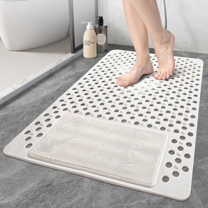 Shower Mat Non Slip: 35.4" x 23.6" Large PVC Heavy Shower Mats for Inside Shower - Quick Dry Shower Foot Scrubber Matt with Drain Hole and Suction Cups for Elderly - color: Creamy White