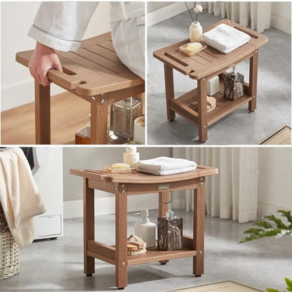 Poly Shower Stool for Inside Shower Waterproof, Shower Bench for Shaving Legs, Heavy Duty Plastic Bathroom Chair Seat with Handles & Adjustable Feet, Foot Rest, No Maintenance, Brown - color: Brown