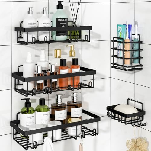 Liuoud 5 Pack Shower Caddy Organizer Rack Shelf for Inside Shower, Adhesive Bathroom Wall Storage Basket Rustproof Stainless Steel Shampoo Holder, Bathroom Accessory Decor Set, Black. - color: Black, size: Large