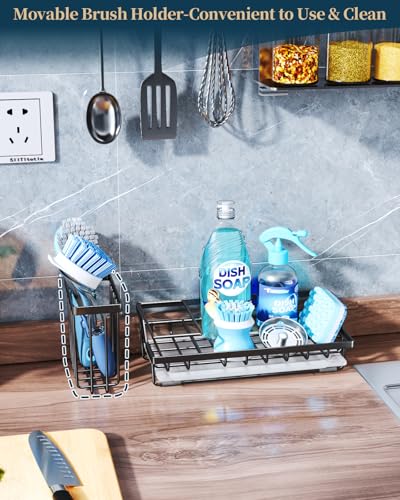 Consumest Sink Caddy, Kitchen Sponge Holder with Dish Brush Holder, Kitchen Sink Organizer with Drip Tray for Countertop Stainless Steel Rustproof, Black-Large - color: Black-l