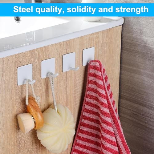 Adhesive Towel Hooks Heavy Duty Wall Hangers 6 Pack, Waterproof Stick-On Towel Holders for Bathroom, Kitchen, or Home Use, Stainless Steel Self-Adhesive Hooks for Hanging, White