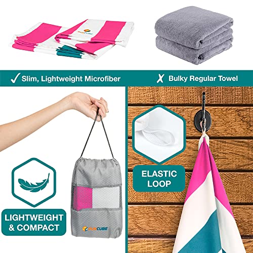 SUN CUBE Microfiber Beach Towel Quick Dry with Carry Bag, Pink 78x35 Inch | Quick Dry and Free Microfiber Towel, Lightweight Packable Swim Towel for Beach, Pool, Camping, Cruise, Travel - color: Pink, size: 78.00" x 35.00"