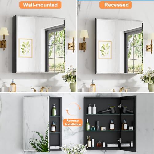 28 x 30 Inch Large Aluminum Medicine Cabinet with Beveled Mirror, Black | Soft-close Hinge, Oversized Beveled Edge Mirrored Door, Recessed or Surface Mount, Adjustable Glass Shelves - size: 28 in. x 30 in.