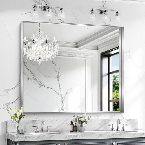CIRCUMI Silver Bathroom Mirror, 40"x48" Rectangular Mirror for Vanity | Deep Metal Frame, Brushed Finish, Shatter proof, Tempered Glass, Installed Vertically/Horizontally, Mirror for Wall,Over Sink - color: Squared Corner Silver, size: 48"L x 40"W