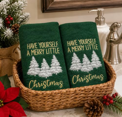 Holiday Christmas Bathroom Guest Hand Towels, 100% Cotton, Set of 2, Have Yourself a Merry Little Christmas Gold White on Green- 16” x 25” Decorative Bath & Kitchen Towels - color: Little Christmas