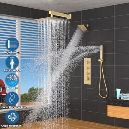 Enga Thermostatic Dual Shower System, 12"+6" Wall Mount Dual Rain Shower Faucet, All Functions Use Together & Volume Adjustable, Brushed Gold - color: Brushed Gold, style: ‎12"+6" Head