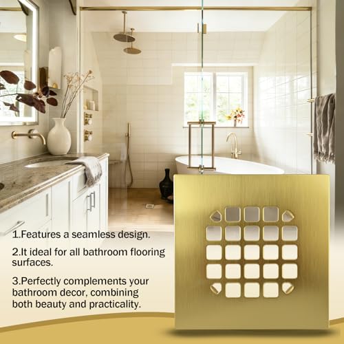 Gold Shower Drain Cover, Universal 4-1/4-inch Square Shower Drain Cover ﻿ | Snap-on Installation, Brushed Stainless Steel for Oatey Shower Drain
