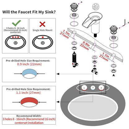 SKOWLL Oil Rubbed Bronze Waterfall Bathroom Faucet 3 Hole, Free Floating Crystal Ball with LED Light, Two Handle 8 Inch Widespread Faucet for Bathroom Sink - color: Oil Rubbed Bronze