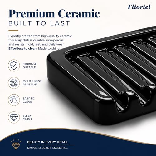 Ceramic Soap Dish Self Draining Soap Holder Bathroom Sink | Black Porcelain Soap Tray Self Draining Keeps Soap Dry Anti Slip Silicone Pads Easy Clean Modern Minimalist Bathroom Shower - color: 02.black