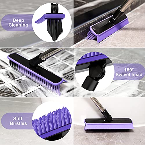 Grout Cleaner Brush with Long Handle, V-Shaped Floor Scrub Brush Swivel Grout Brush Stiff Bristle Floor Grout Scrubber for Bathroom, Tile Line, Crevice, Kitchen, Wall, Deck, Garage (Purple) - color: Purple