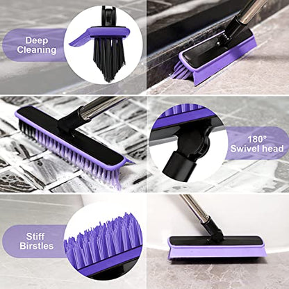 Grout Cleaner Brush with Long Handle, V-Shaped Floor Scrub Brush Swivel Grout Brush Stiff Bristle Floor Grout Scrubber for Bathroom, Tile Line, Crevice, Kitchen, Wall, Deck, Garage (Purple) - color: Purple