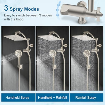 Hibbent Metal 12" High Pressure Rain Shower Head Combo, Brushed Nickel | cUPC Certified Rainfall Shower Head with handheld 10 Sprays, 16'' Adjustable Extension Arm, 71'' Hose, Showerhead Holder - color: Brushed Nickel, style: Square 12''