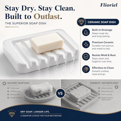 Ceramic Soap Dish Self Draining Soap Holder Bathroom Sink | White Porcelain Soap Tray Self Draining Keeps Soap Dry Anti Slip Silicone Pads Easy Clean Modern Minimalist Bathroom Shower - color: 01.white