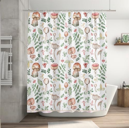 Mushroom and Fern Leaves Shower Curtain, Waterproof Fabric Cute Plant Botanical Bathroom Shower Curtain, 72 x 72 Inch - color: White Mushroom, size: 72"W x 72"L (Pack of 1)