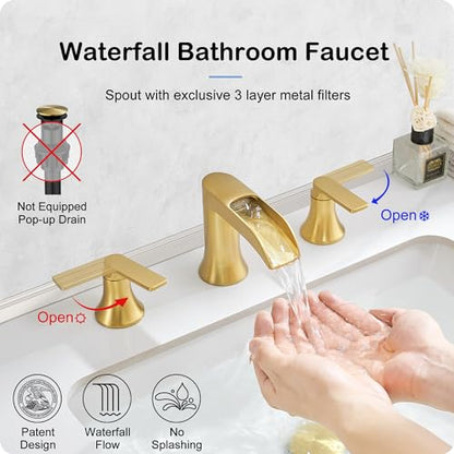 Brushed Gold Bathroom Faucet Waterfall, 2 Handle Brass Bathroom Sink Faucet Widespread, Modern 6-16 Inch Bathroom Faucets 3 Hole, Bathroom Vanity Faucets for Hotel, NOT Included Pop-up Drain - color: Brushed Gold, style: NO Pop Up Drain