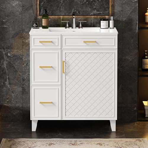 30" Bathroom Vanity with Sink, Solid Wood Frame Modern with Charging Station, Bathroom Single Sink Cabinet with 2 Drawers and 1 Doors, Gold Metal Handles, White - color: White, size: 30 inch