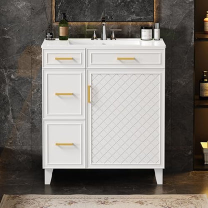 30" Bathroom Vanity with Sink, Solid Wood Frame Modern with Charging Station, Bathroom Single Sink Cabinet with 2 Drawers and 1 Doors, Gold Metal Handles, White - color: White, size: 30 inch