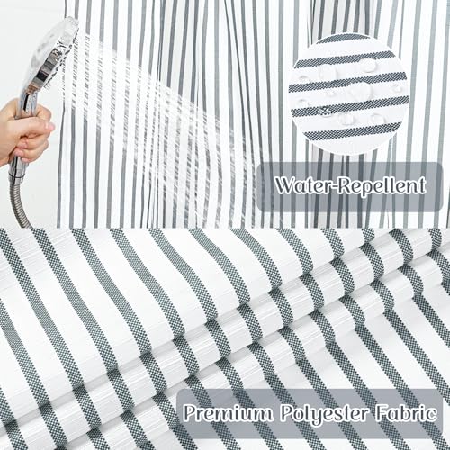 ASPMIZ Farmhouse Striped Shower Curtain and Liner Set No Hook, Grey 71x86 | No Hook Shower Curtain with Snap in Liner Fabric, Rustic Washable Waterproof Bathroom Curtains with Button, Mesh Top Window - color: Grey Striped, size: 71"W x 86"L (Pack of 1), s