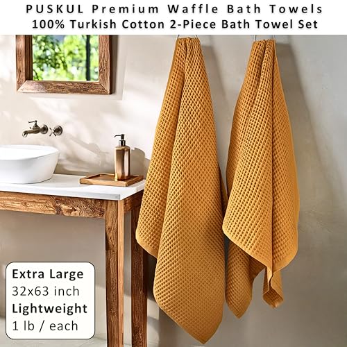 PÜSKÜL 2-Piece Natural 100% Turkish Cotton Waffle Bath Towels Extra-Large | Mustard, 32x63" Bath Sheet Towel, Light Soft Absorbent Quick-Dry Lint-Free Premium Honeycomb Weave Oeko-Tex Made in Turkiye - color: Mustrad Yellow, size: Bath Towels - Pack of 2