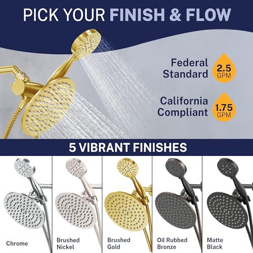 HammerHead Showers® Solid Metal Dual Shower Head Combo – BRUSHED GOLD – 8 Inch Rainfall High Flow Shower Head & 3-Flow Handheld Shower Head High Pressure with Hose 6ft - Luxury Double Shower Heads - color: Brushed Gold, size: 2.5 GPM Standard