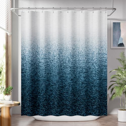 AmazerBath Shower Curtain Blue, Washable Cloth Ombre Shower Curtain Sets with 12 Metal Shower Curtain Hooks, Rustic Waterproof Dark Sea Blue Farmhouse Shower Curtains for Bathroom Decor, 72x72 Inches - color: A- Dark Sea +12 Metal Hooks, size: 72"W x 72"L