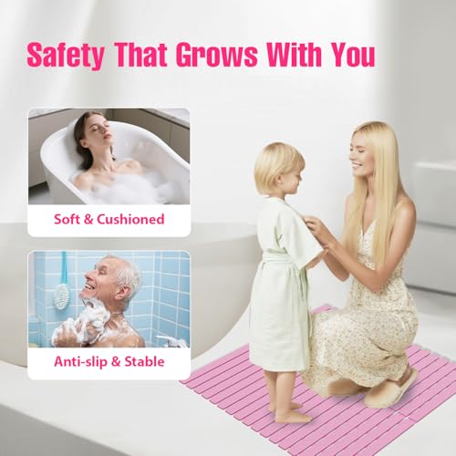 Shower Mat Non-Slip Bath Mat for Tub and Shower Stall,236 Suction Cups with Drain Holes, Quick Dry Machine Washable, Extra Grip for Stand Up Showers, Bathroom Essentials 24x24 Inch (Pink) - color: Pink