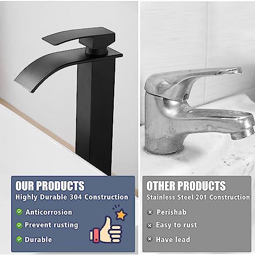 RUMOSE Tall Bathroom Faucet Vessel Sink Faucet with Drain, Matte Black | Modern Single Handle One Hole Bathroom Faucet Waterfall Rv Lavatory Vanity Faucet Mixer Tap, Pop Up Drain, Stainless Steel - color: Matte Black