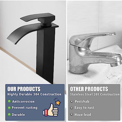 RUMOSE Tall Bathroom Faucet Vessel Sink Faucet with Drain, Matte Black | Modern Single Handle One Hole Bathroom Faucet Waterfall Rv Lavatory Vanity Faucet Mixer Tap, Pop Up Drain, Stainless Steel - color: Matte Black