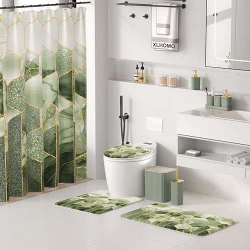XLHOMO Bathroom Set - 26PC Bathroom Set with Shower Curtain and Rugs, Bathroom Accessory Set, Sage Green Bathroom Accessories Set, Trash Can & Soap Dispenser - style: Sage Green&Gold
