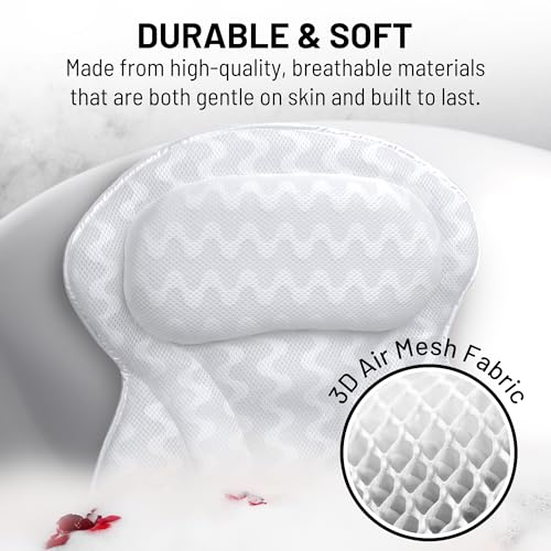 Bath Pillow for Tub, Luxury Spa Bathtub Head & Neck Cushion, Large Mesh | Breathable 3D mesh with strong suction cups provides ergonomic head, neck, shoulder & body support for a relaxing spa soak