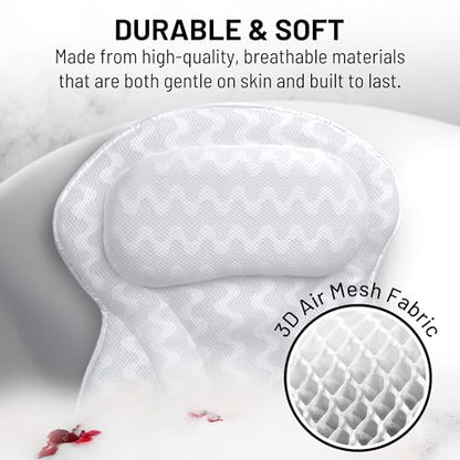 Bath Pillow for Tub, Luxury Spa Bathtub Head & Neck Cushion, Large Mesh | Breathable 3D mesh with strong suction cups provides ergonomic head, neck, shoulder & body support for a relaxing spa soak