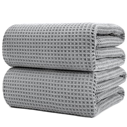 POLYTE 430 GSM Poly Blend Microfiber Waffle Bath Sheet XL Set, 35x70 in | 2 Pack, Oversize, Lint Free, Quick Dry - color: Light Gray, size: 35 x 70 in