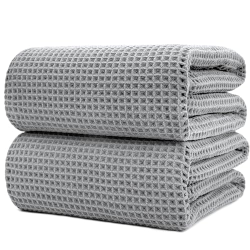 POLYTE 430 GSM Poly Blend Microfiber Waffle Bath Sheet XL Set, 35x70 in | 2 Pack, Oversize, Lint Free, Quick Dry - color: Light Gray, size: 35 x 70 in