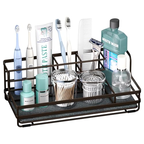 HapiRm Toothbrush Holders for Bathroom - 5 Partitions Bathroom Counter Organizer with Instant Drying Stone, Stainless Steel Countertop Storage Electric Toothbrush Toothpaste Holder - Bronze - color: Bronze