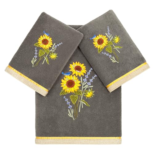 Jubilant 3-Piece Towel Set, Embroidered Sunflower & Lavender, 100% Turkish Cotton, Super Absorbent, Country Charm Decor, 1 Bath 2 Hand Towels, Charcoal - color: Charcoal, size: 1 Pc Bath 2 Pcs Hand Towel