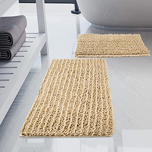 Luxury Chenille Beige Bathroom Rugs Sets 2 Piece, Thickened Hot Melt Rubber Bottom Bath Mats for Bathroom Non Slip,Bath Rugs Quick Dry Machine Washable for Shower Mat (32"x20"+17"x24") - color: Beige, size: 32" x 20" Plus 17" x 24"
